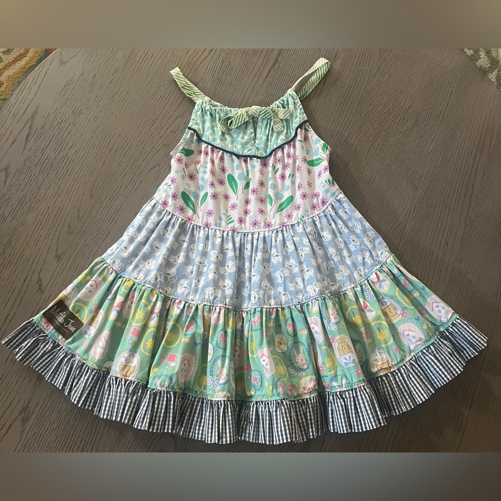 Matilda Jane Little Girl Size 4 Cotton Sun Dress Cat Bunny Floral Twirl Tier EUC